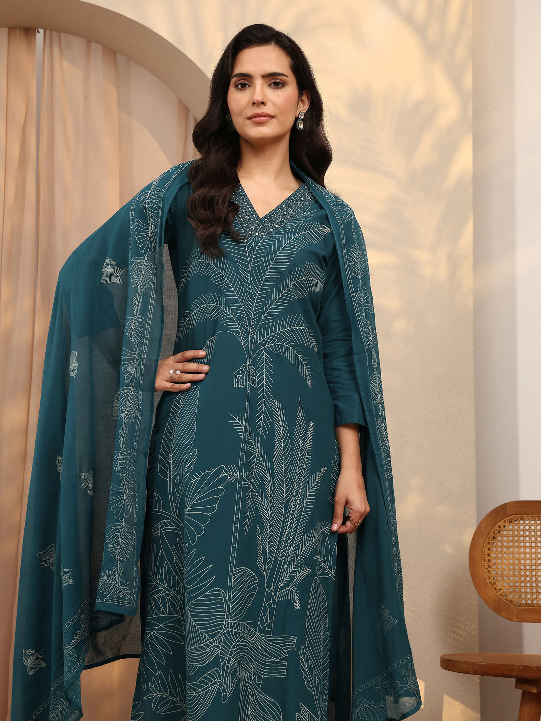 Teal Printed Cotton Straight Suit Set With Dupatta