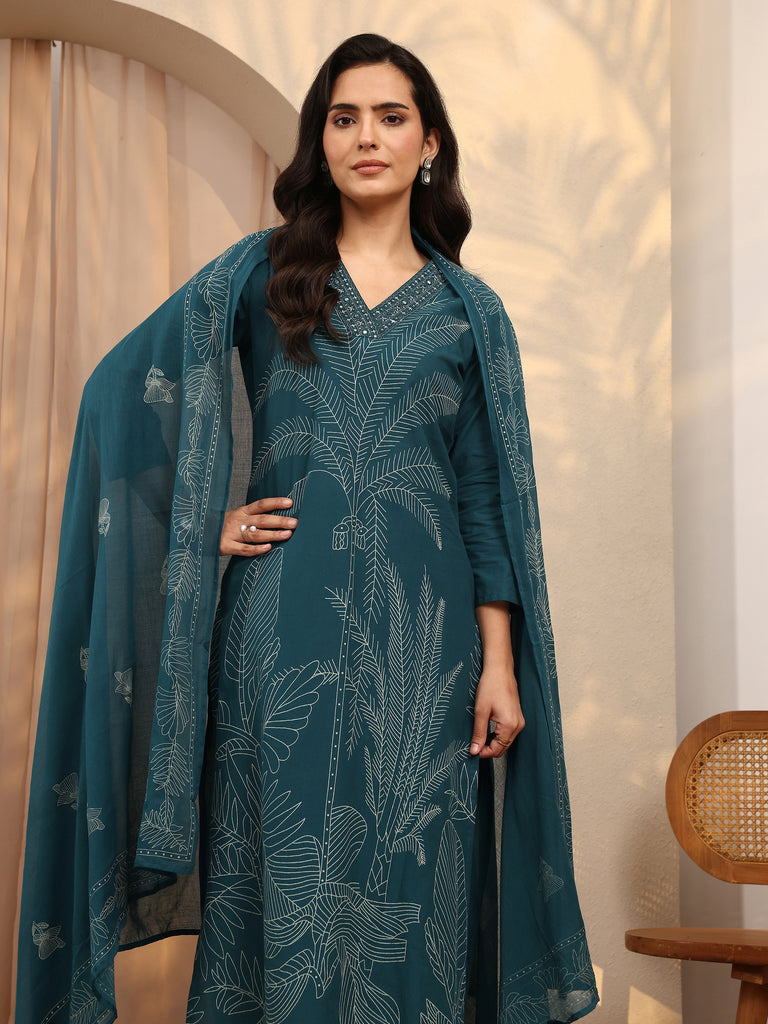 Libas Teal Printed Cotton Straight Suit Set With Dupatta