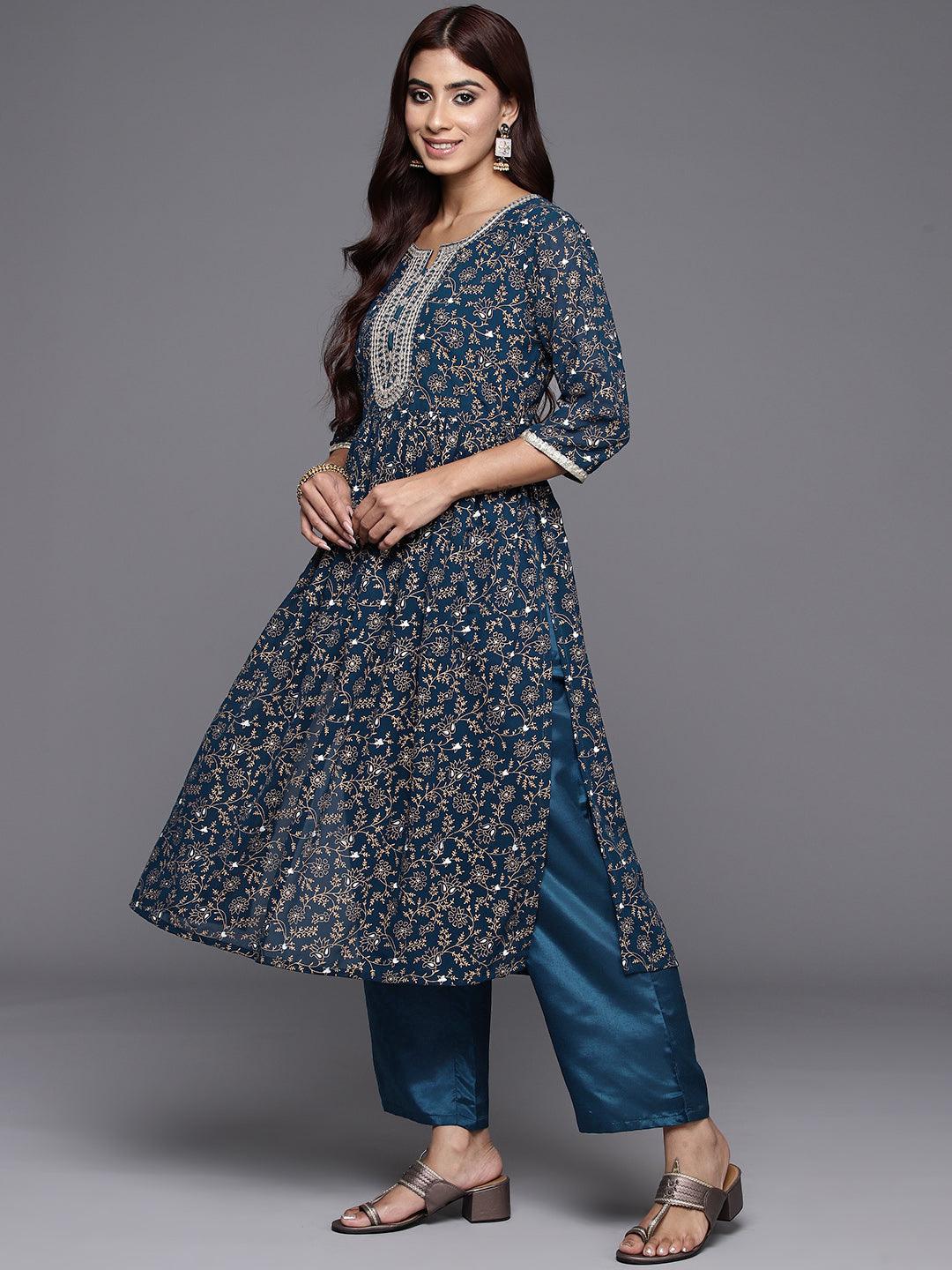 Teal Printed Georgette A-Line Kurta With Trousers & Dupatta