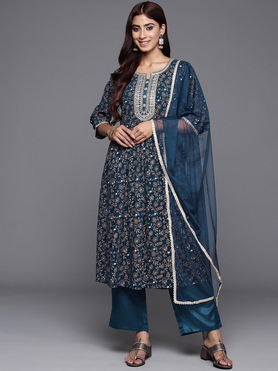 Teal Printed Georgette A-Line Kurta With Trousers & Dupatta