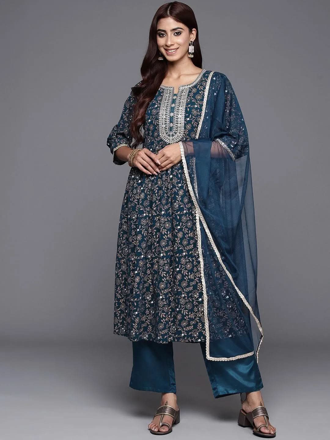 Teal Printed Georgette A-Line Kurta With Trousers & Dupatta - Libas 