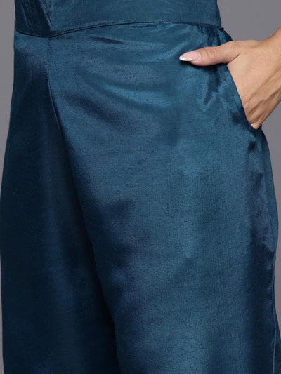 Teal Printed Georgette A-Line Kurta With Trousers & Dupatta - Libas