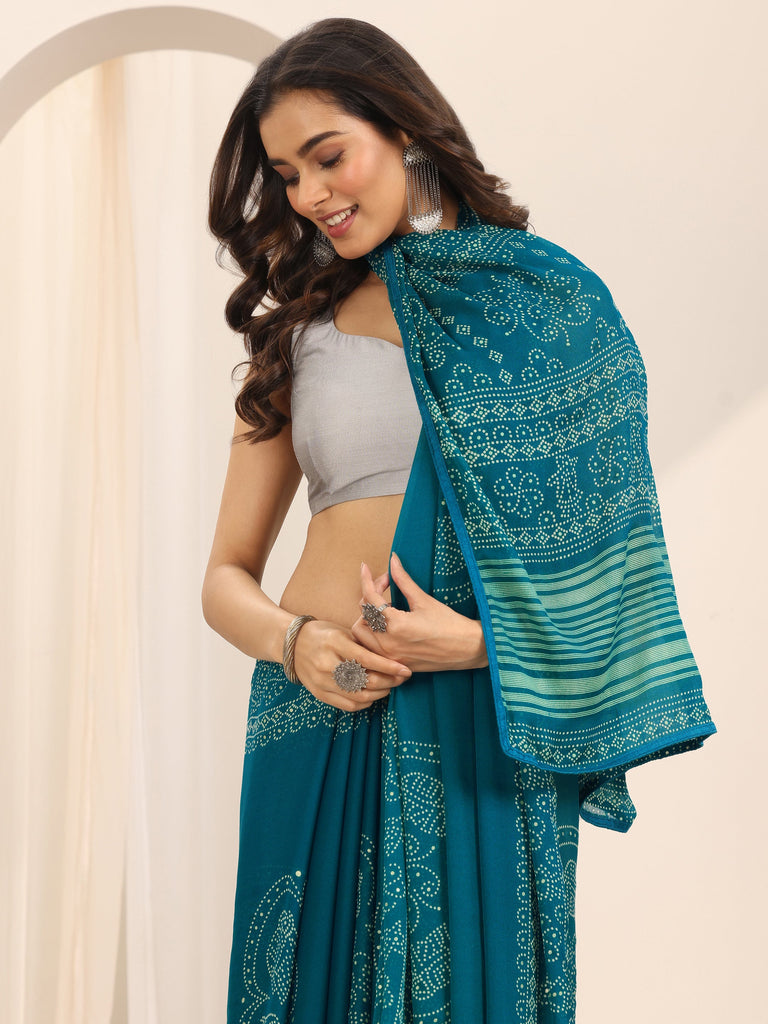 Libas Teal Printed Georgette Saree With Unstitched Blouse Piece