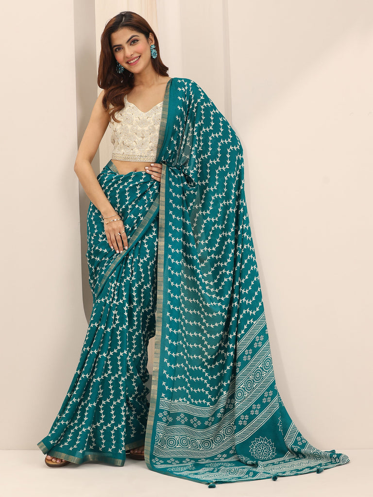Libas Teal Printed Georgette Saree With Unstitched Blouse Piece