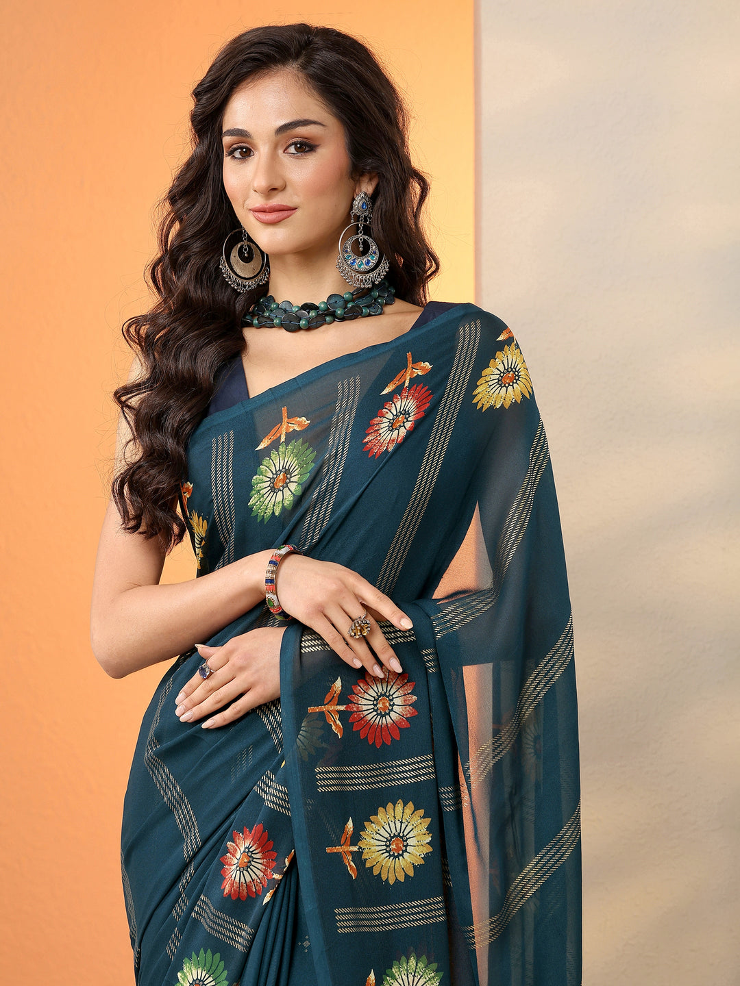  Teal Printed Georgette Saree With Unstitched Blouse Piece 
