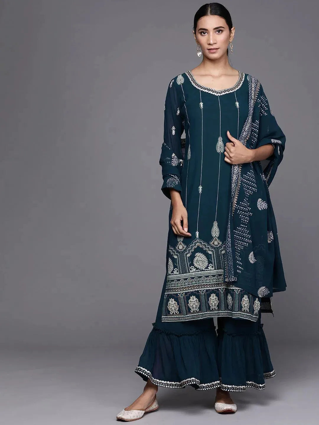 Teal Printed Georgette Suit Set - Libas