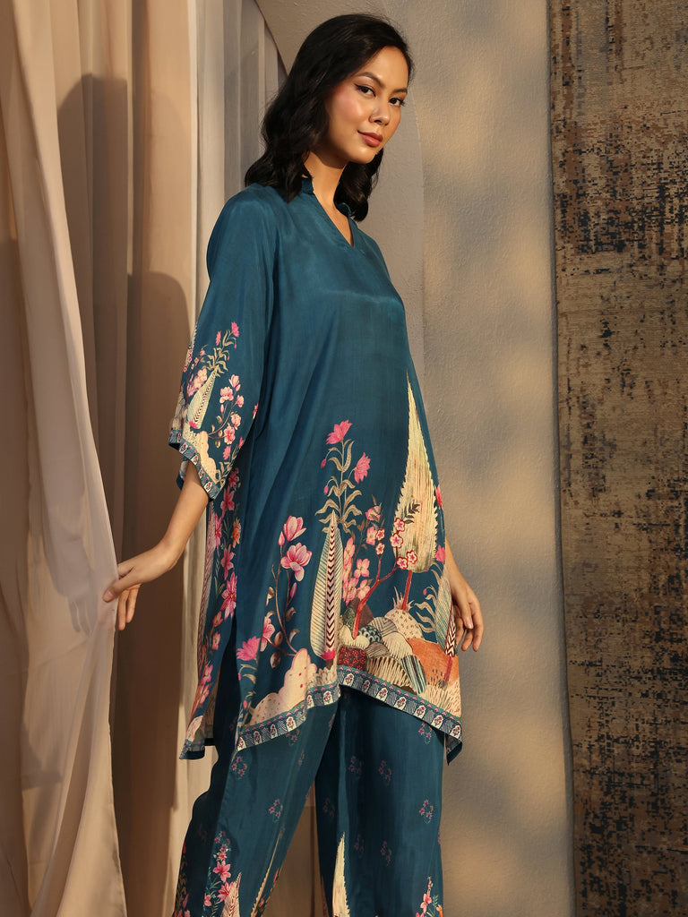 Libas Teal Printed Silk Blend Co-Ord Set