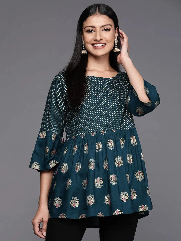 Teal Printed Rayon A-Line Kurti - Libas