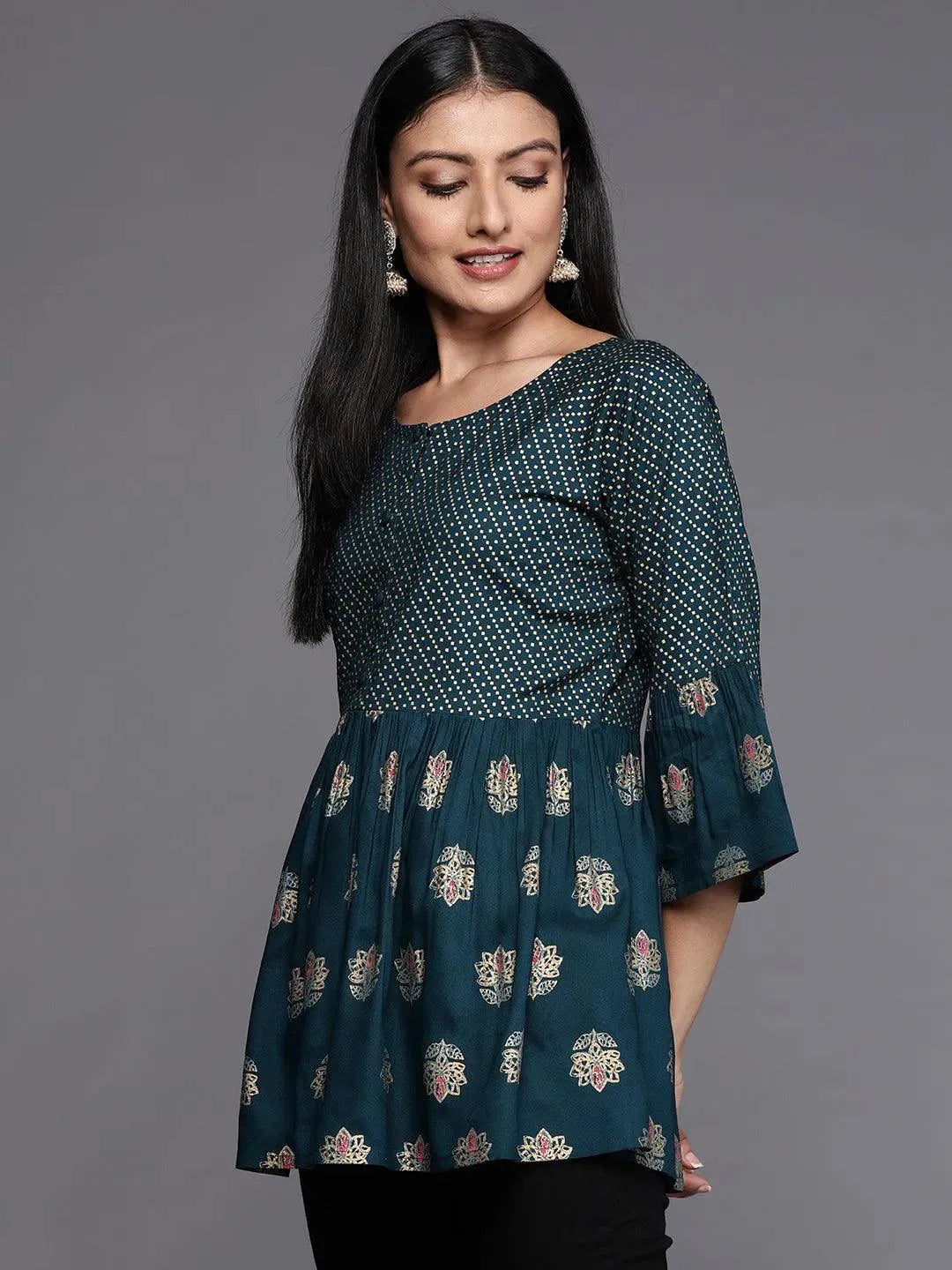 Teal Printed Rayon A-Line Kurti - Libas