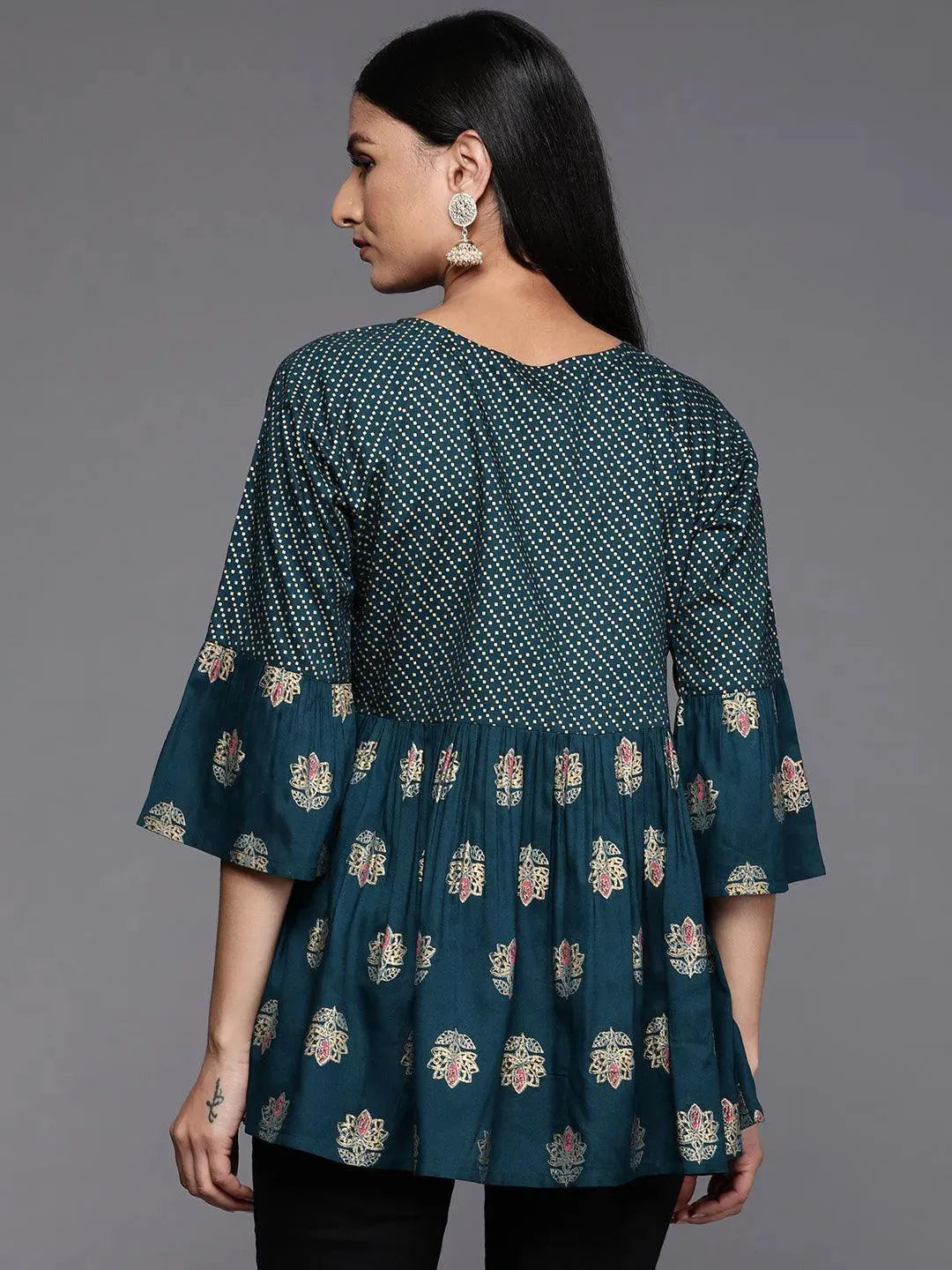 Teal Printed Rayon A-Line Kurti - Libas 