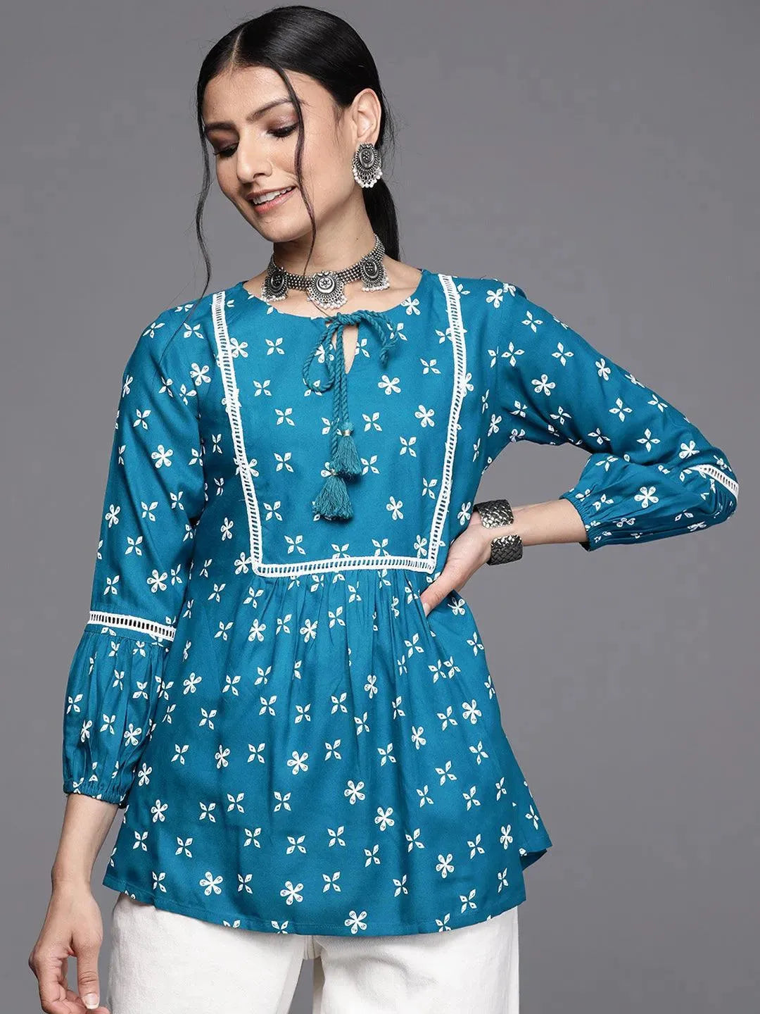 Teal Printed Rayon Kurti - Libas