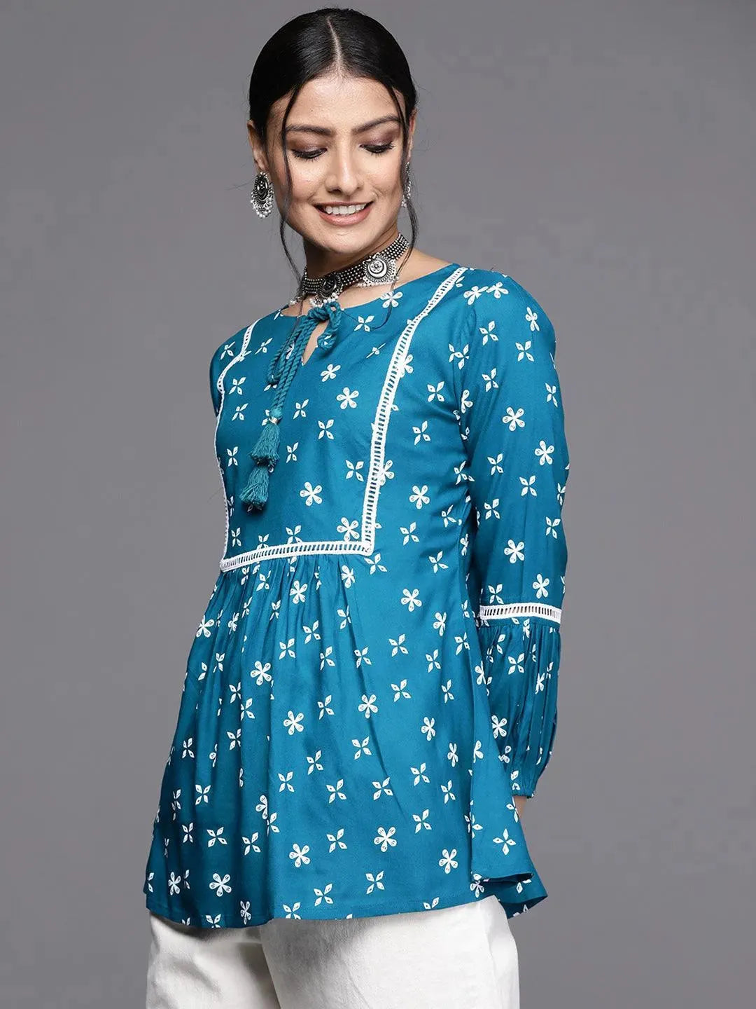 Teal Printed Rayon Kurti - Libas 