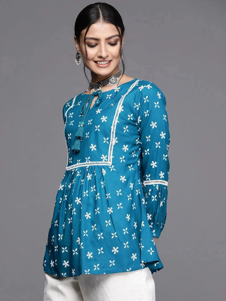 Teal Printed Rayon Kurti - Libas