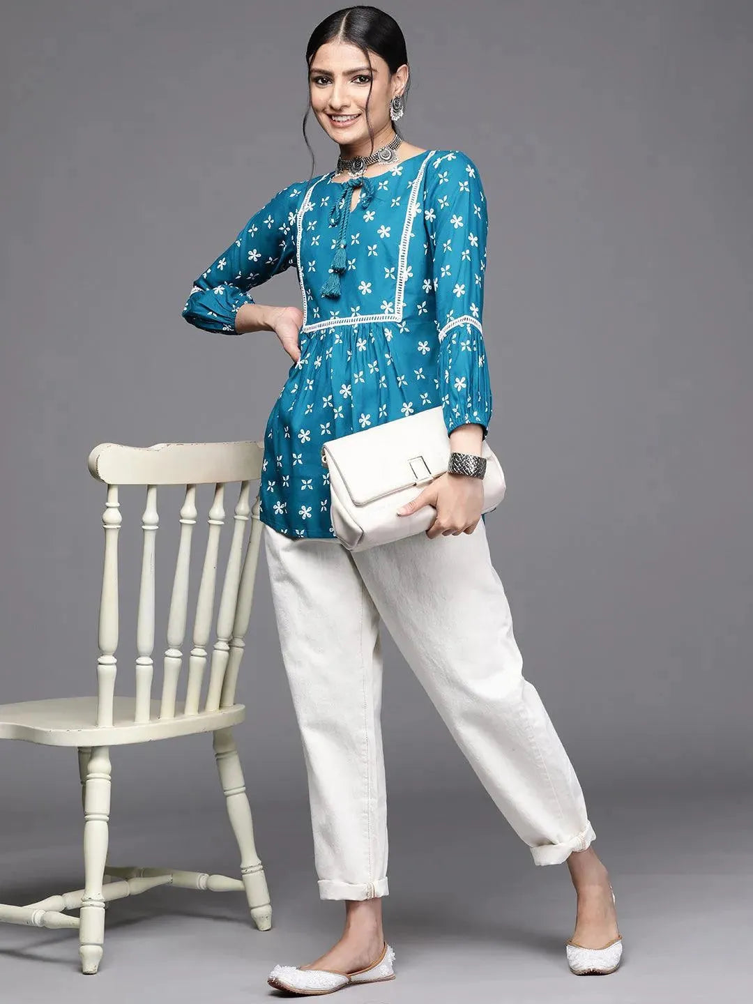 Teal Printed Rayon Kurti - Libas 