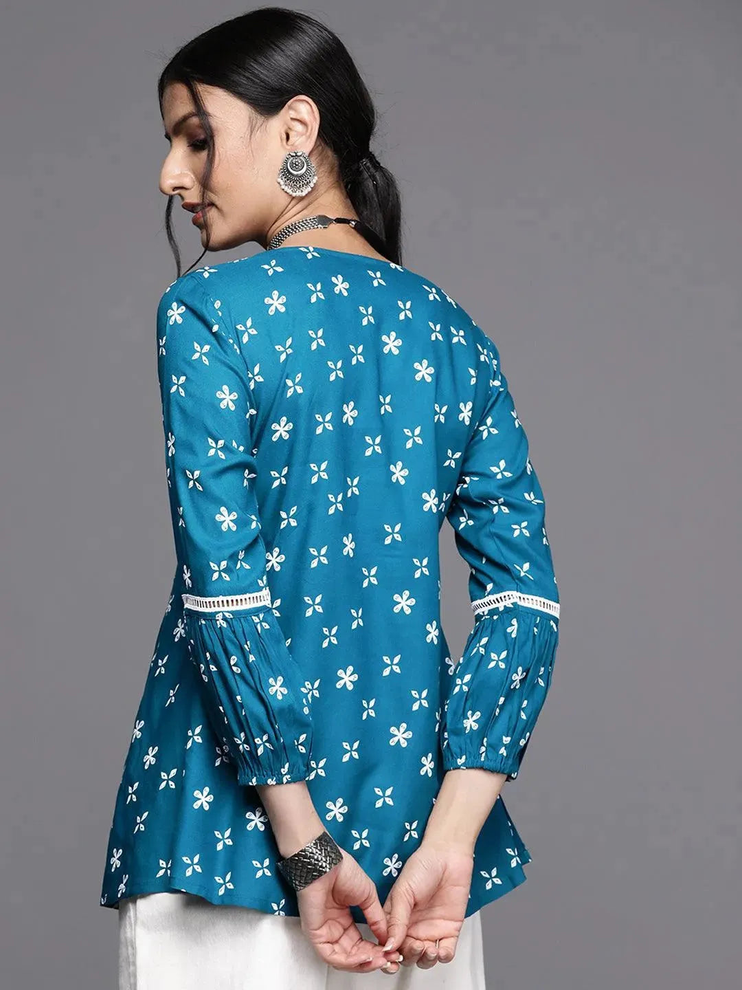 Teal Printed Rayon Kurti - Libas