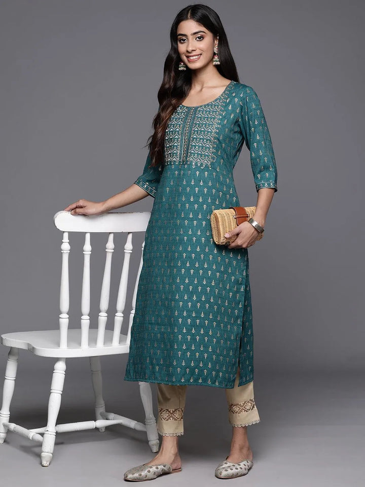 Teal Printed Rayon Straight Kurta - Libas
