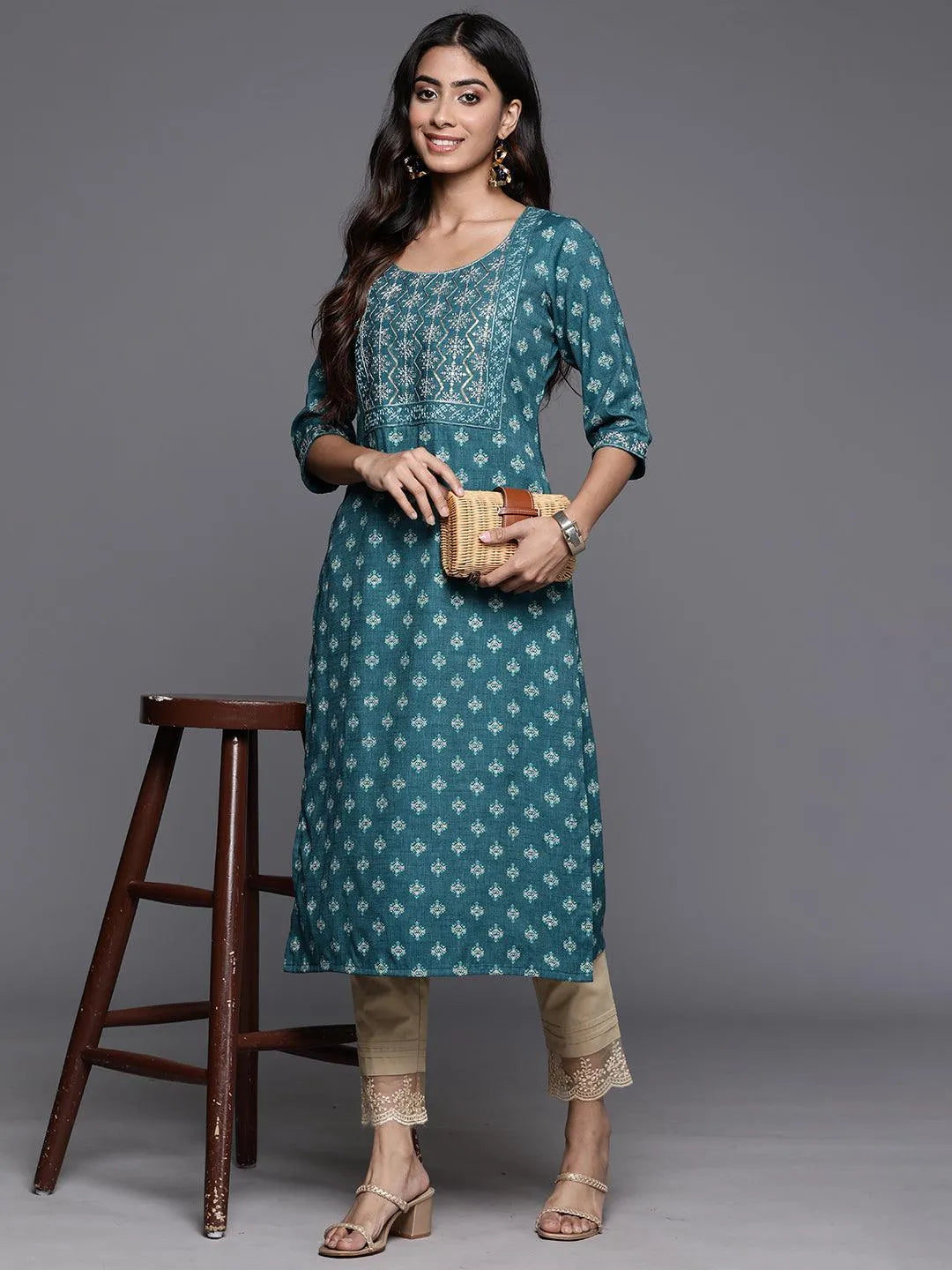 Teal Printed Rayon Straight Kurta - Libas