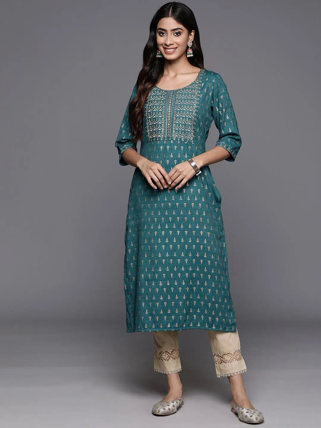Teal Printed Rayon Straight Kurta - Libas 