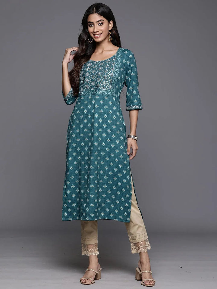 Teal Printed Rayon Straight Kurta - Libas