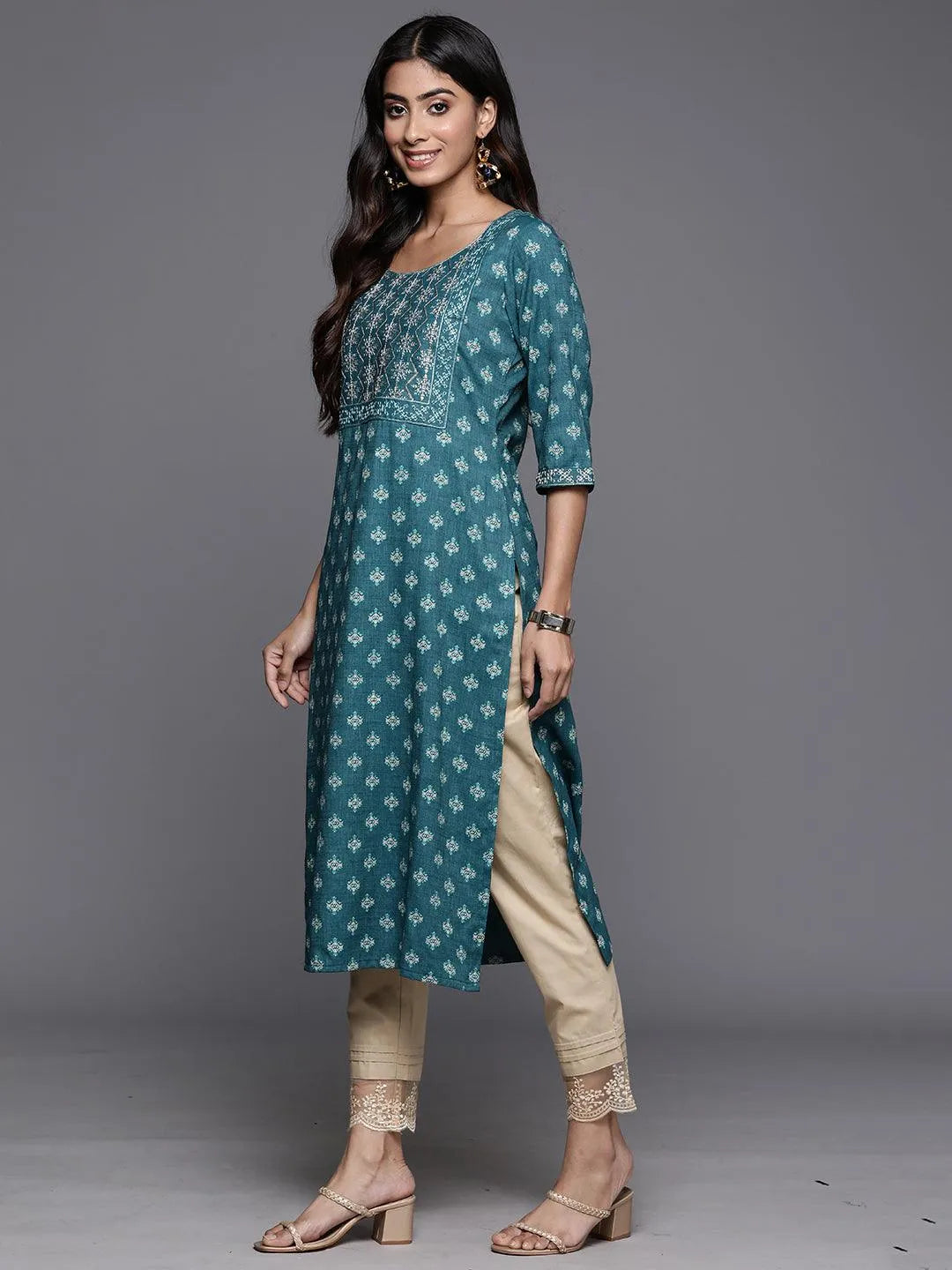 Teal Printed Rayon Straight Kurta - Libas 