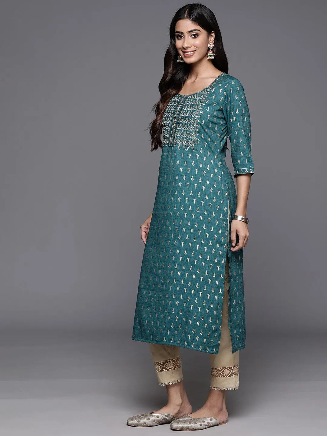 Teal Printed Rayon Straight Kurta - Libas 