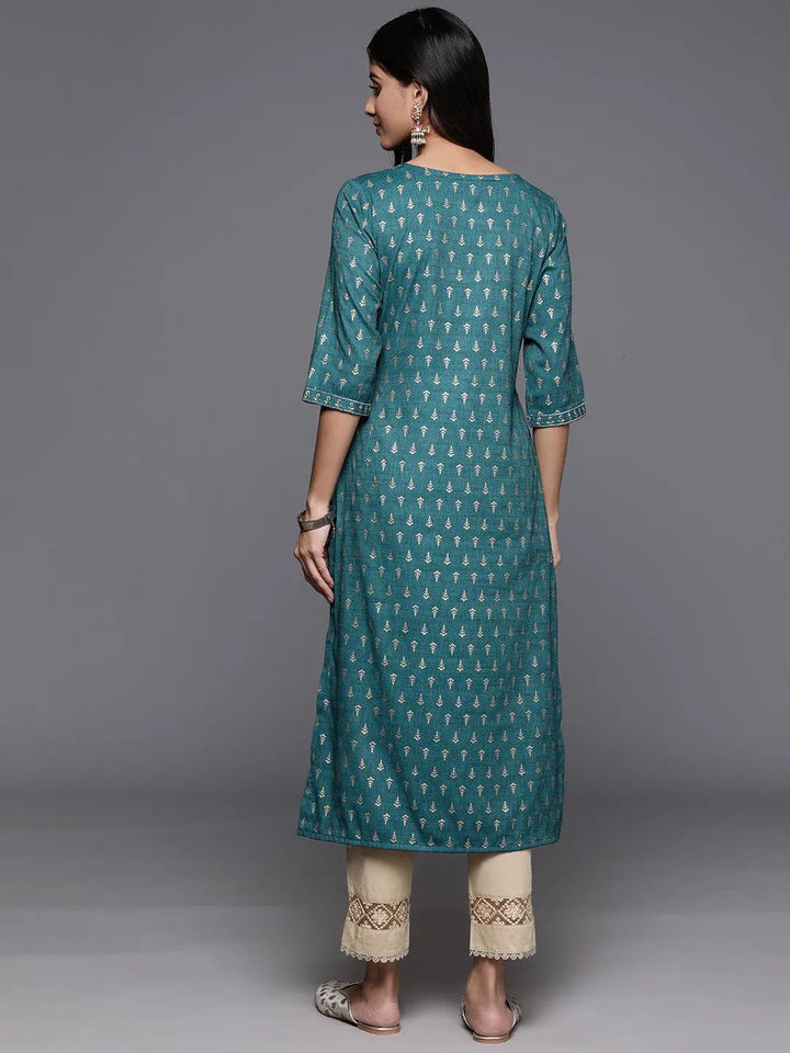 Teal Printed Rayon Straight Kurta - Libas