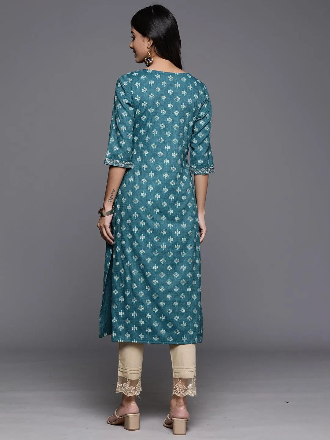 Teal Printed Rayon Straight Kurta - Libas 
