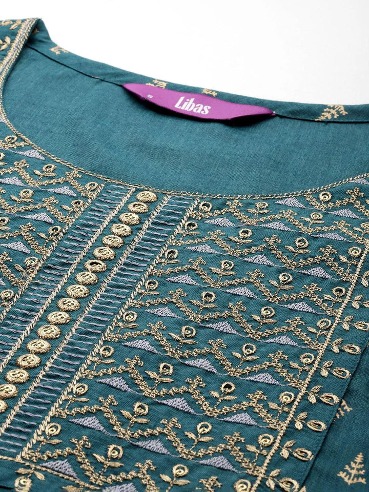 Teal Printed Rayon Straight Kurta - Libas
