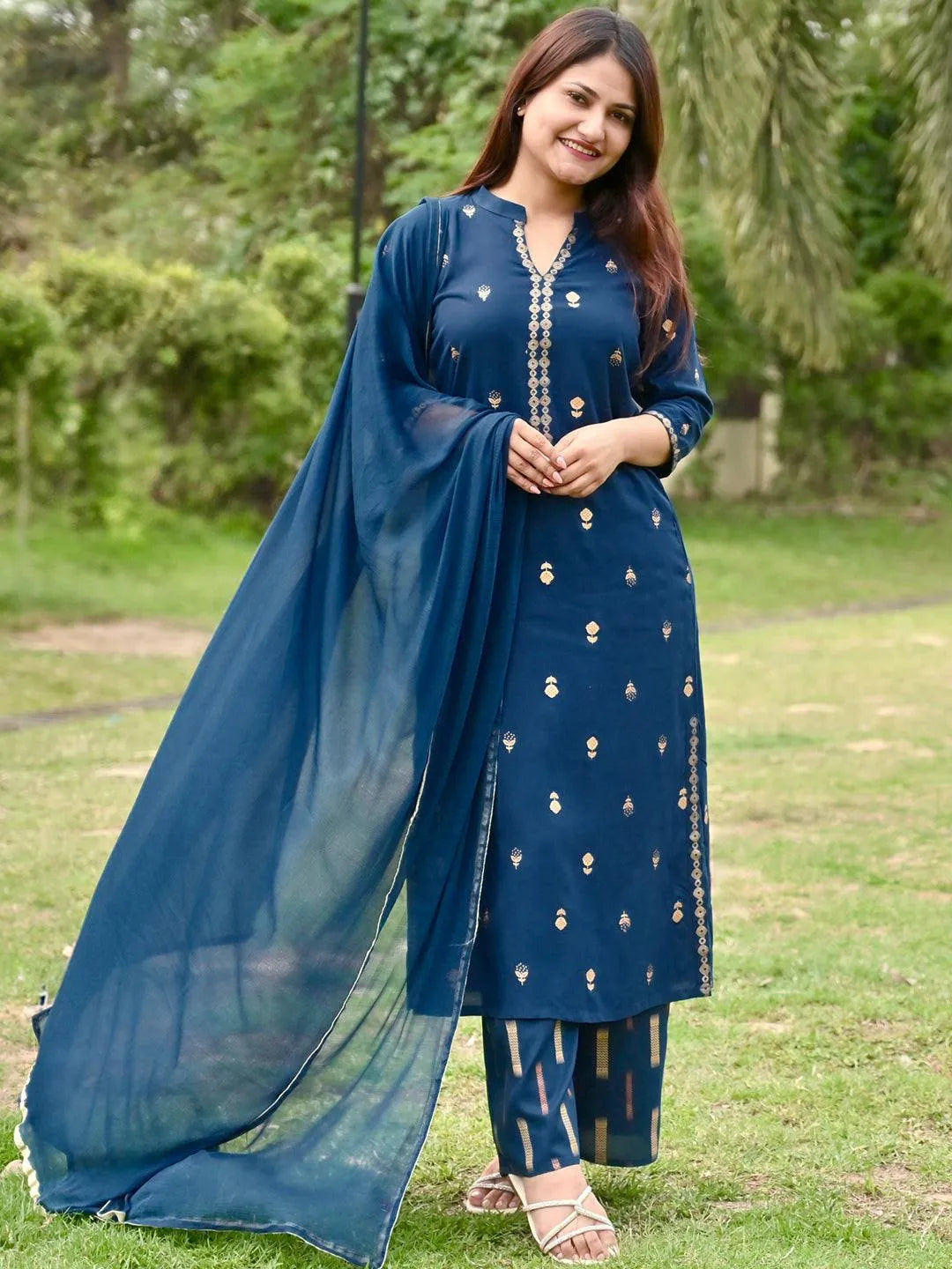 Teal Printed Rayon Straight Kurta With Palazzos & Dupatta