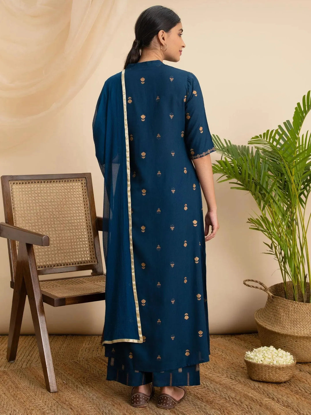 Teal Blue Printed Rayon Suit Set - Libas 