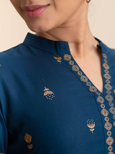 Teal Blue Printed Rayon Suit Set - Libas