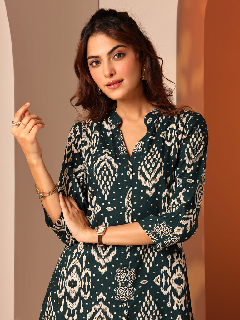 Libas Teal Printed Rayon Straight Short Kurti