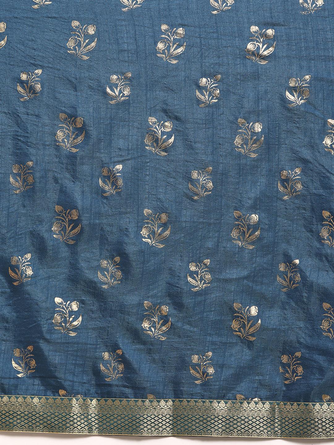 Teal Printed Silk Blend Saree - Libas