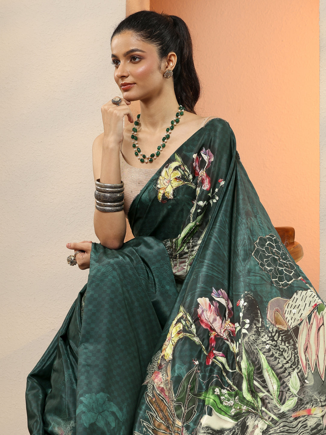 Teal Printed Silk Blend Sarees With Unstitched Blouse Piece