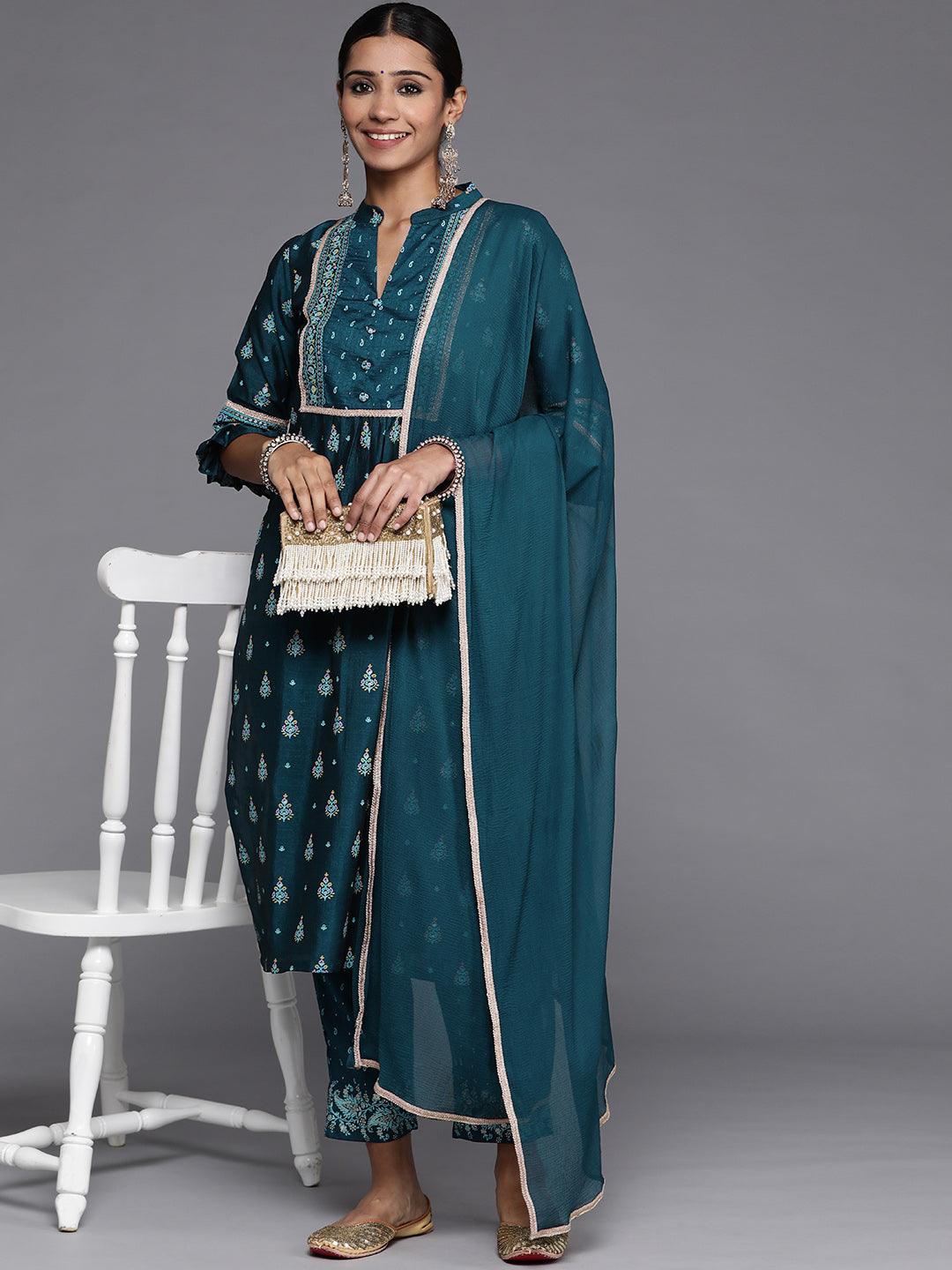 Teal Printed Silk Blend Straight Suit Set With Trousers - Libas