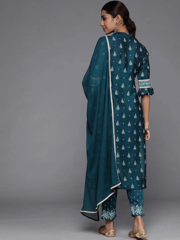 Teal Printed Silk Blend Straight Suit Set With Trousers - Libas