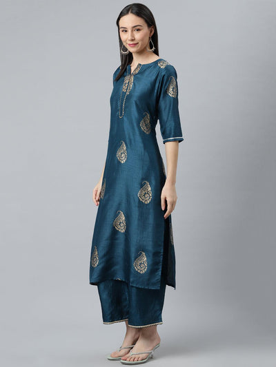 Teal Printed Silk Blend Suit Set - Libas