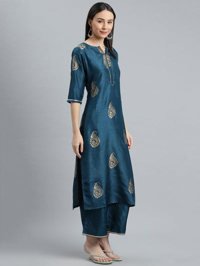 Teal Printed Silk Blend Suit Set - Libas