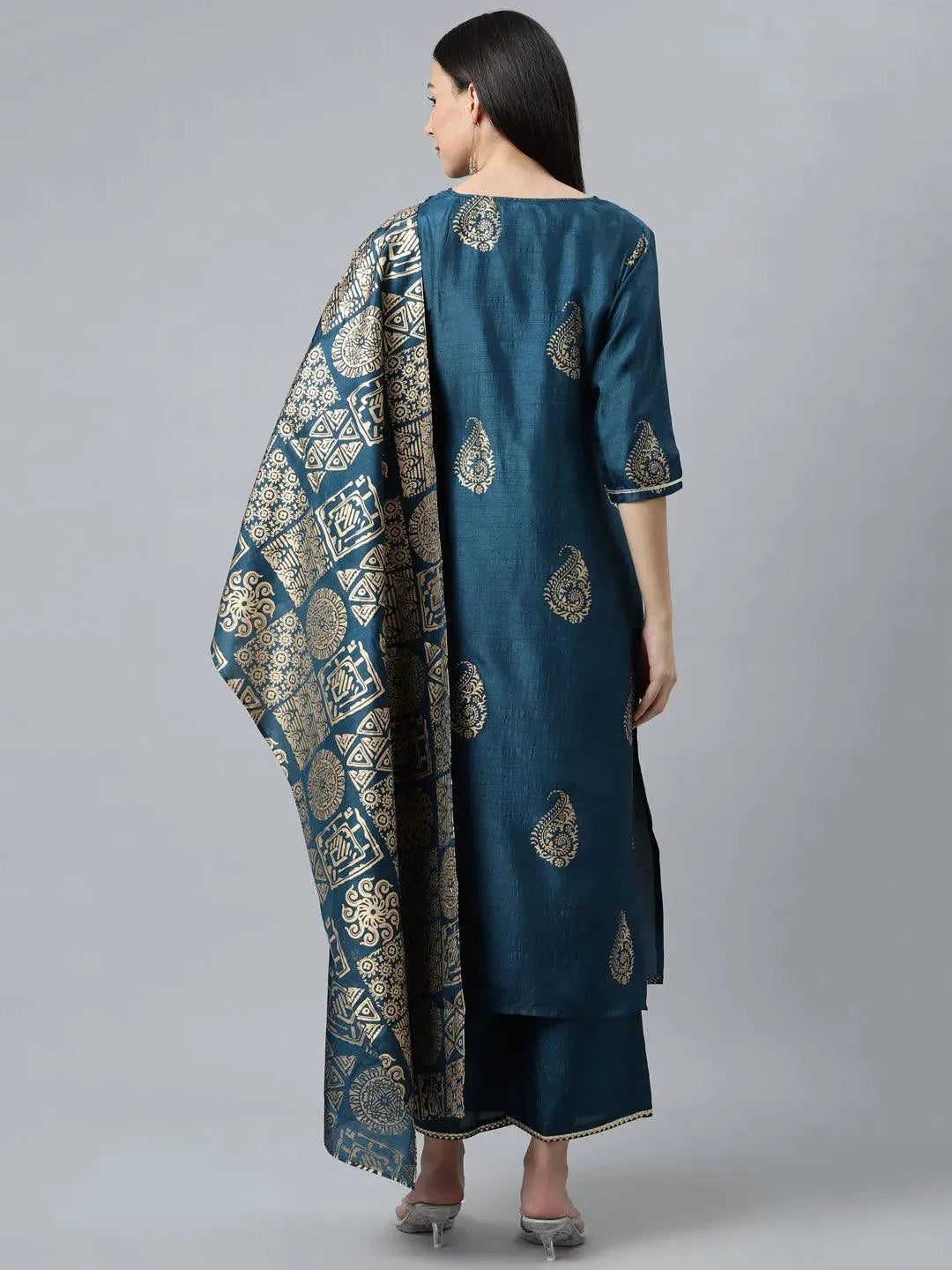 Teal Printed Silk Blend Suit Set - Libas 