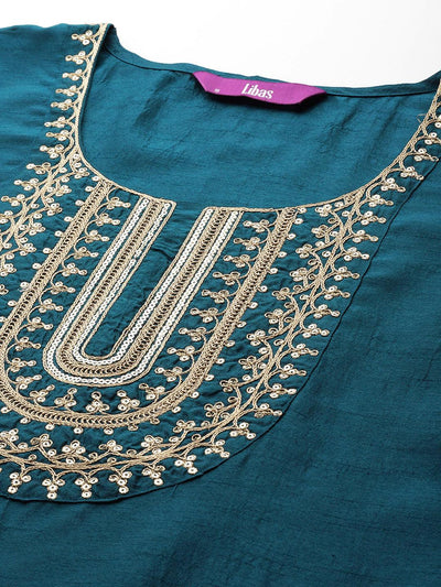 Teal Printed Silk Blend Straight Kurta With Salwar & Dupatta - Libas