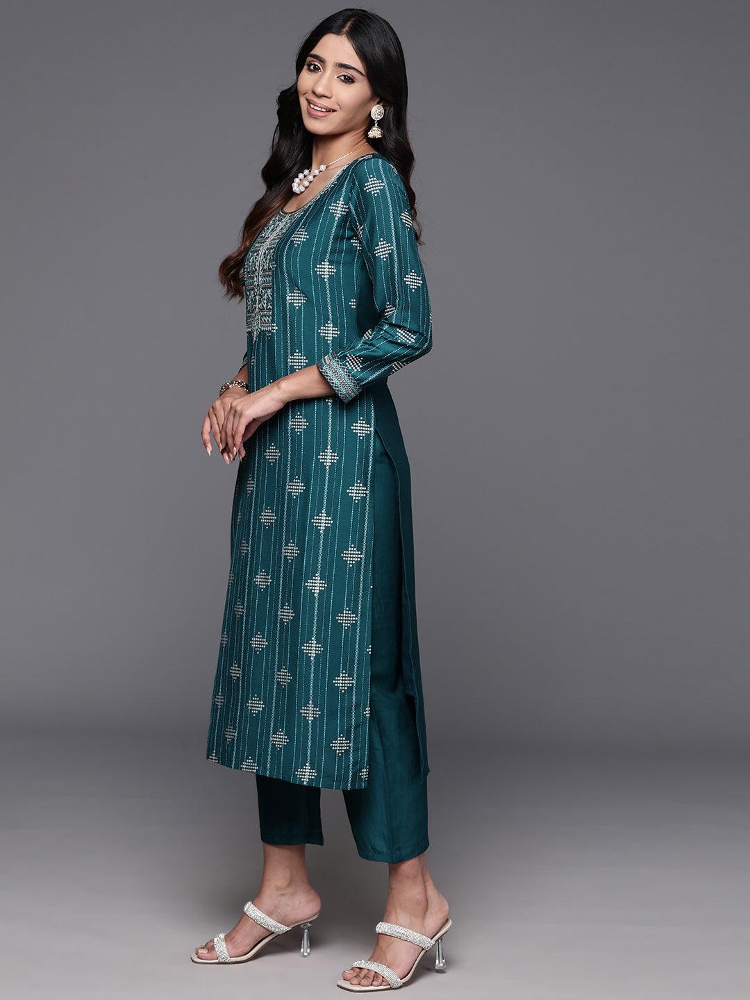 Teal Printed Silk Blend Straight Suit With Dupatta