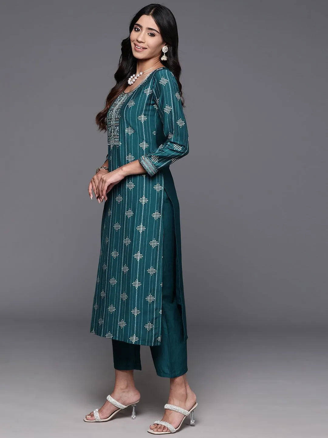 Teal Printed Silk Blend Straight Kurta With Trousers & Dupatta - Libas 