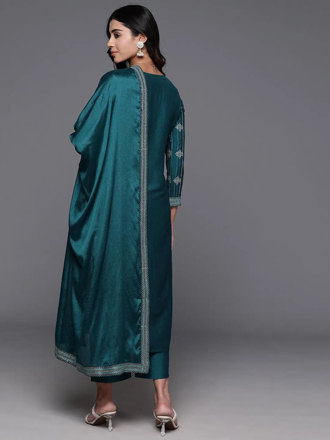 Teal Printed Silk Blend Straight Kurta With Trousers & Dupatta - Libas 