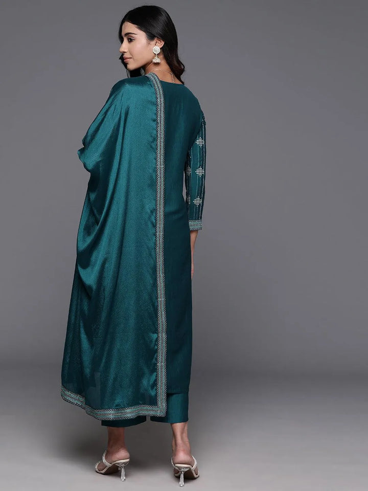 Teal Printed Silk Blend Straight Kurta With Trousers & Dupatta - Libas