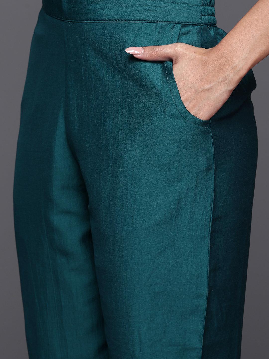 Teal Printed Silk Blend Straight Kurta With Trousers & Dupatta - Libas
