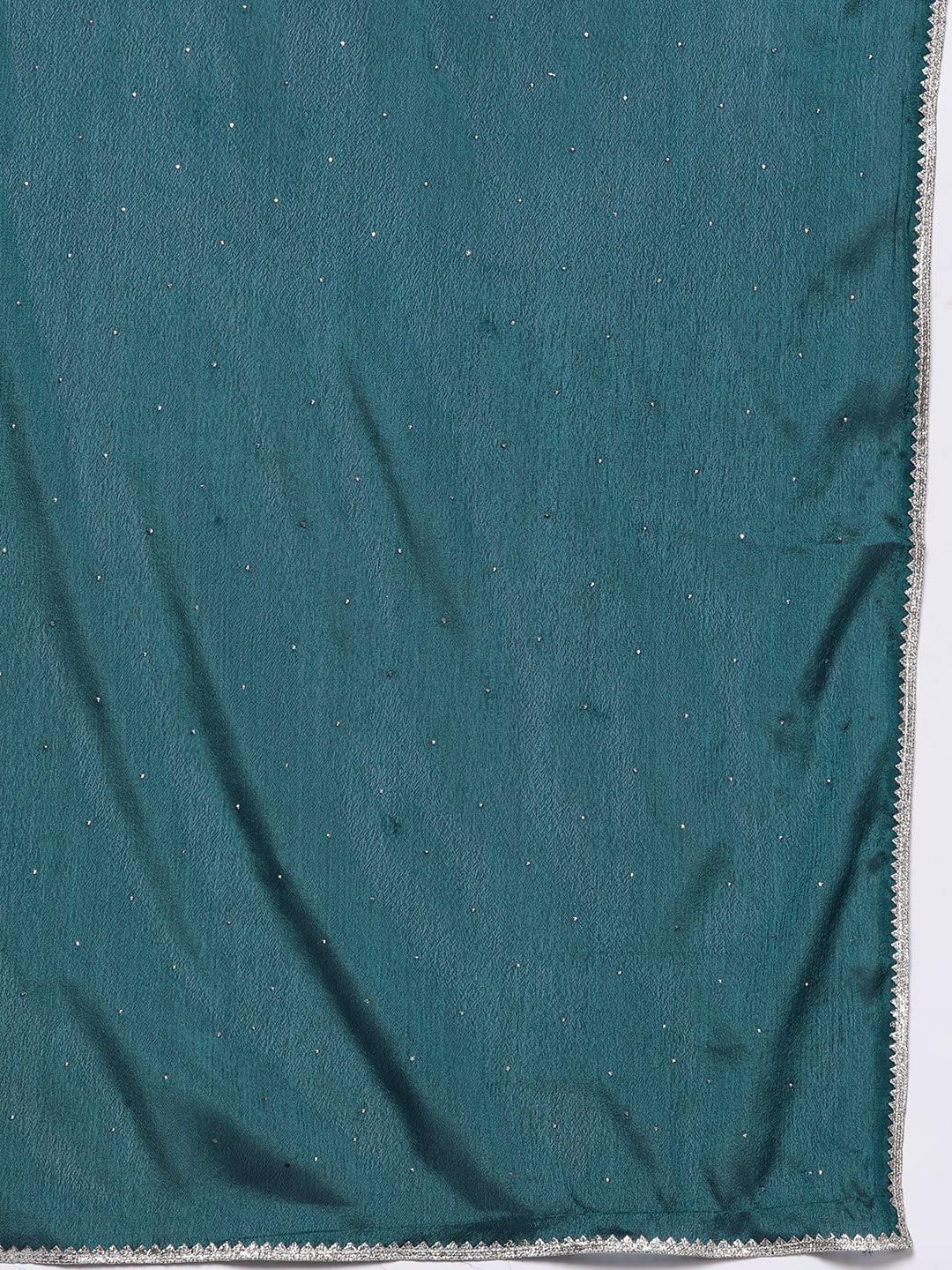Teal Printed Silk Blend Straight Kurta With Trousers & Dupatta - Libas
