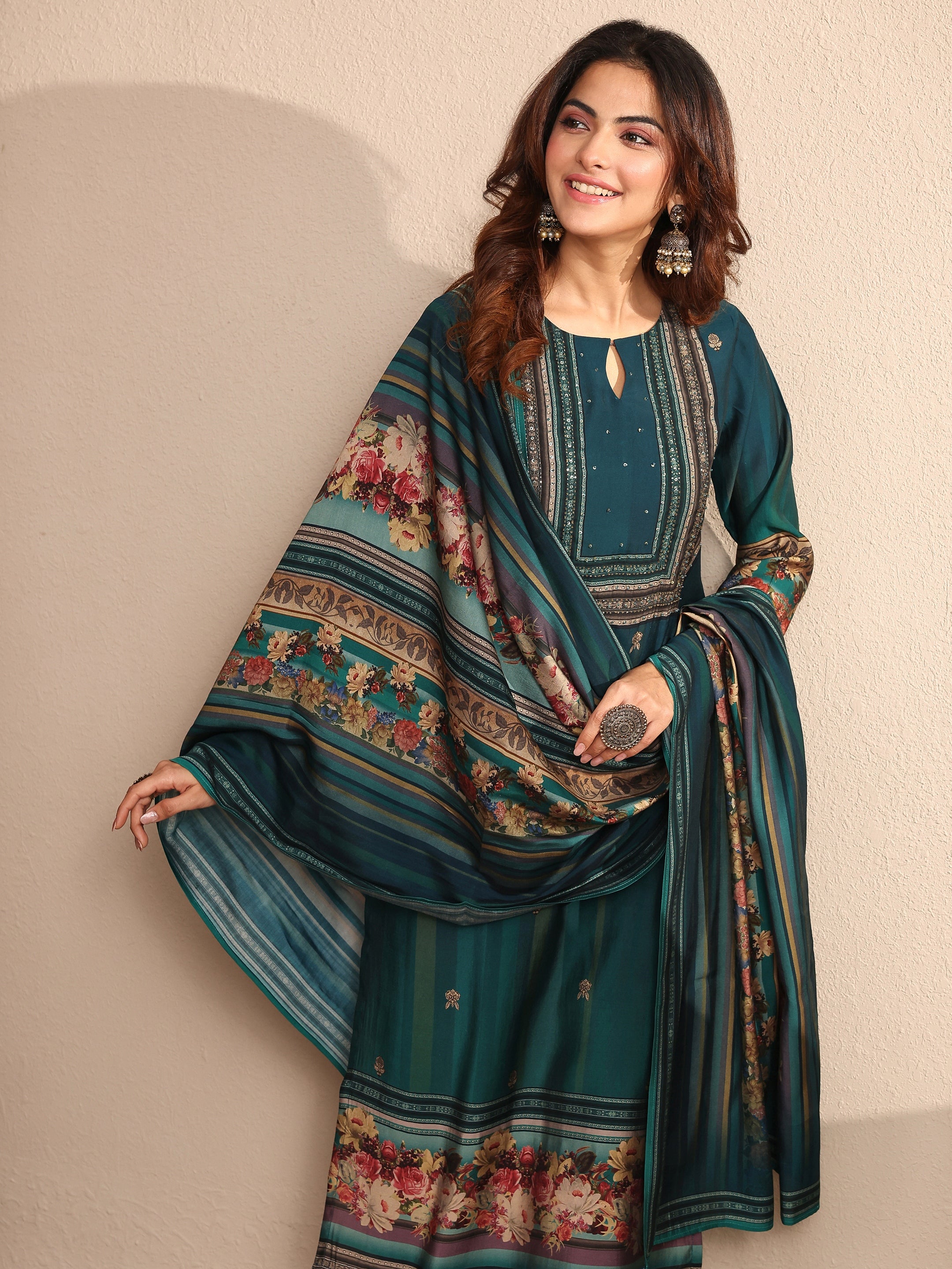 Teal Printed Silk blend Straight Suit Set With Dupatta-image-28