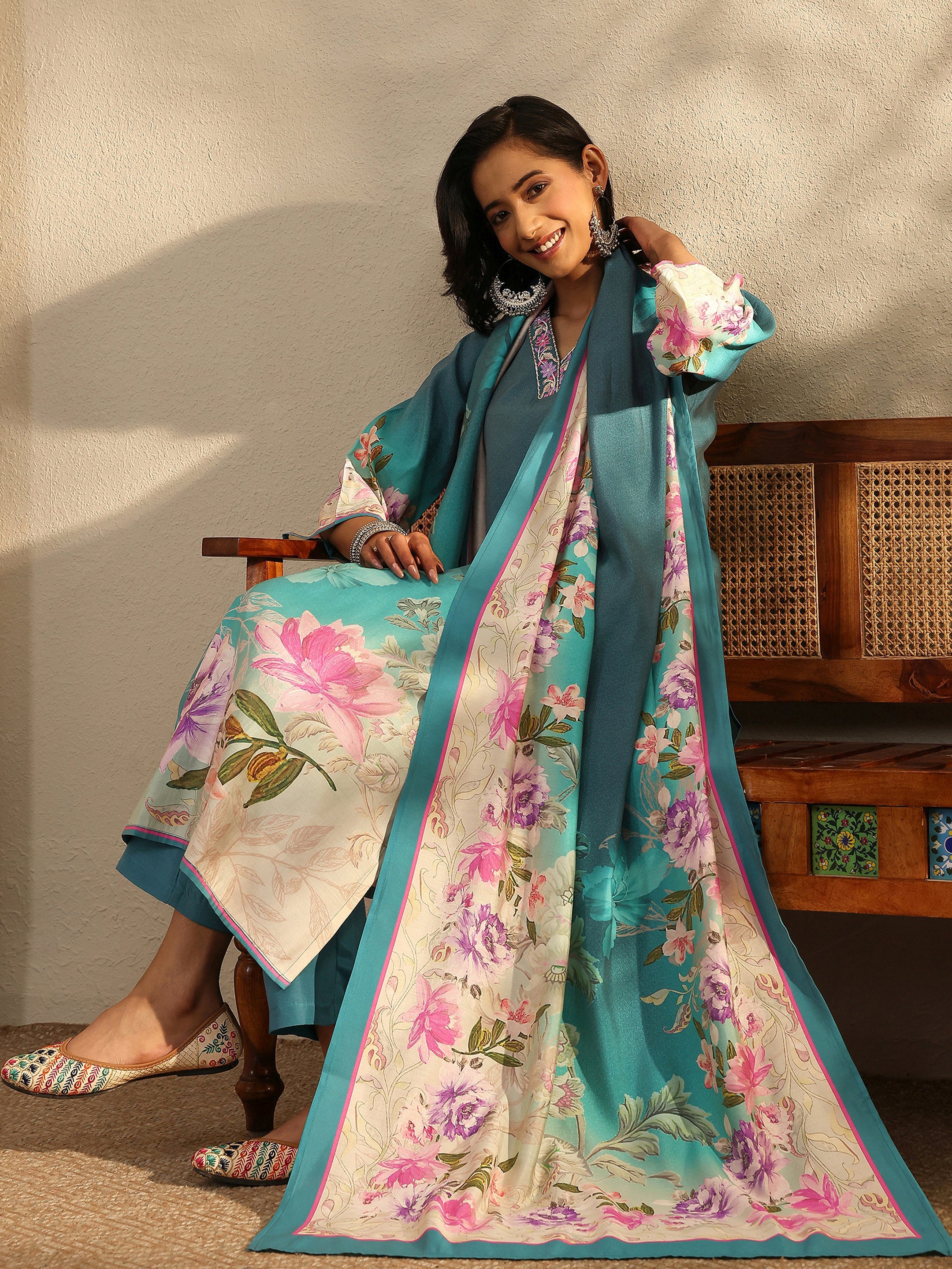 Teal Printed Silk Blend Straight Suit Set With Dupatta-image-20