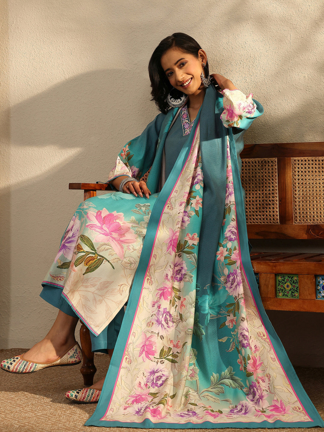  Teal Printed Silk Blend Straight Suit Set With Dupatta 