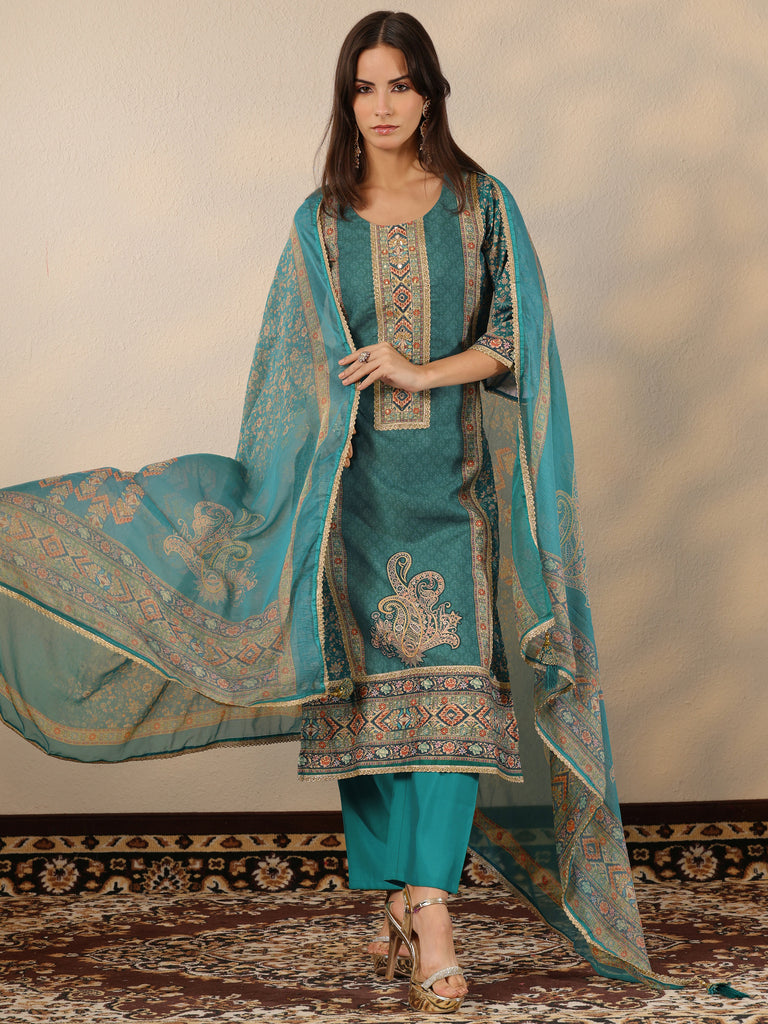 Libas Teal Printed Silk Blend Straight Suit Set With Dupatta